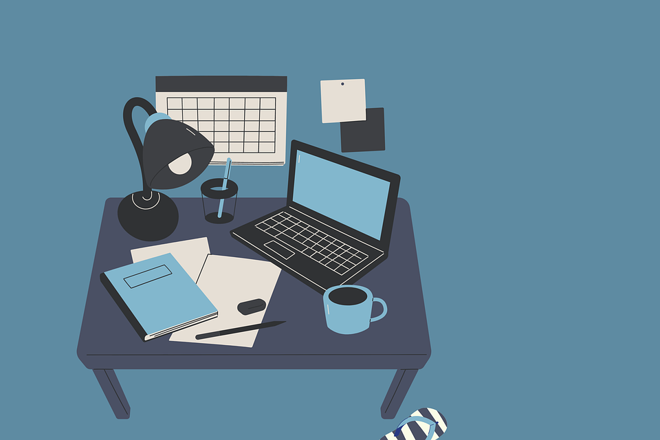 graphical illustration of laptop and documents on a table