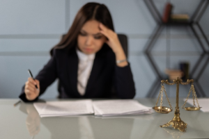 A lawyer looking at papers.